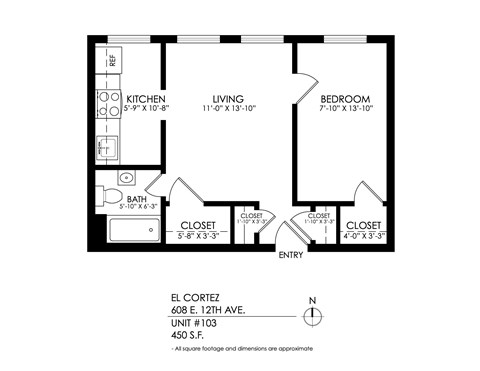 Floor plan for 1 bed, 1 bath, 520 sqft